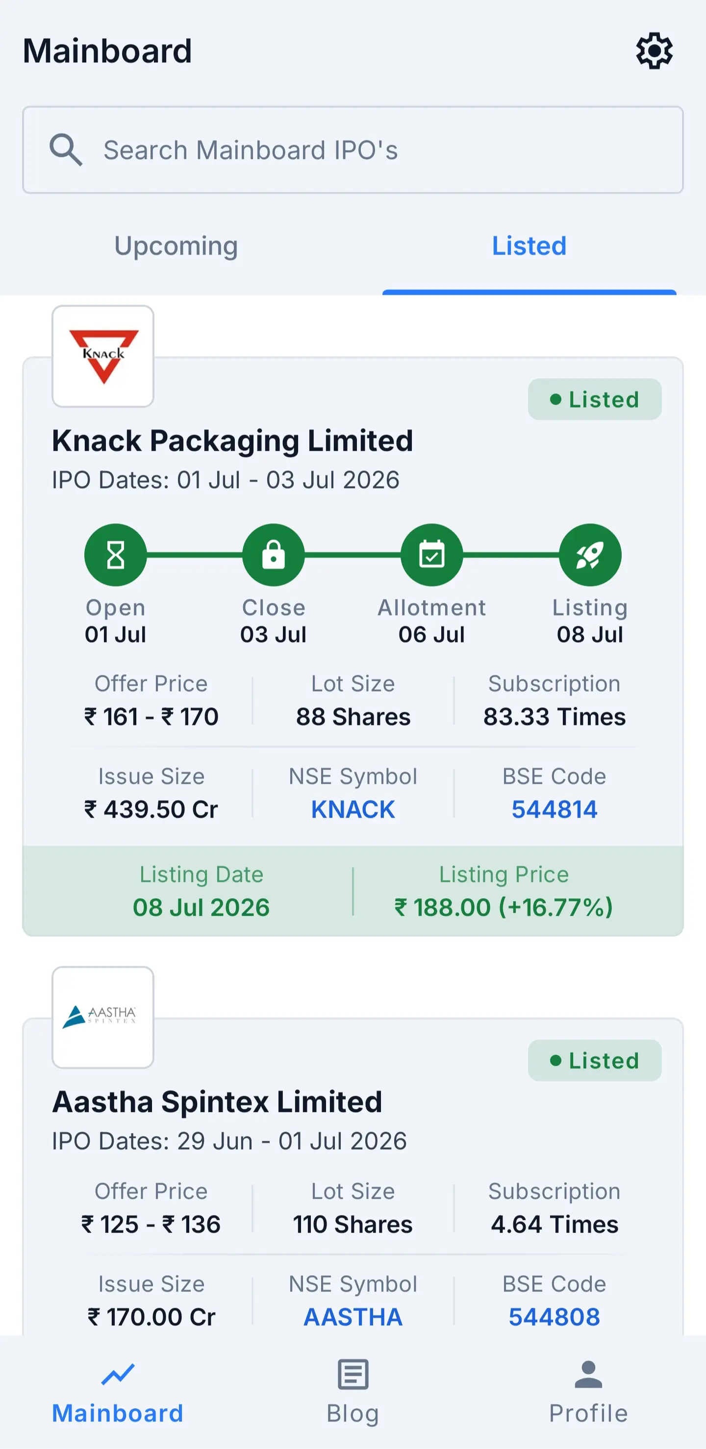 IPONex app: Mainboard list of listed IPOs with timeline and listing gains