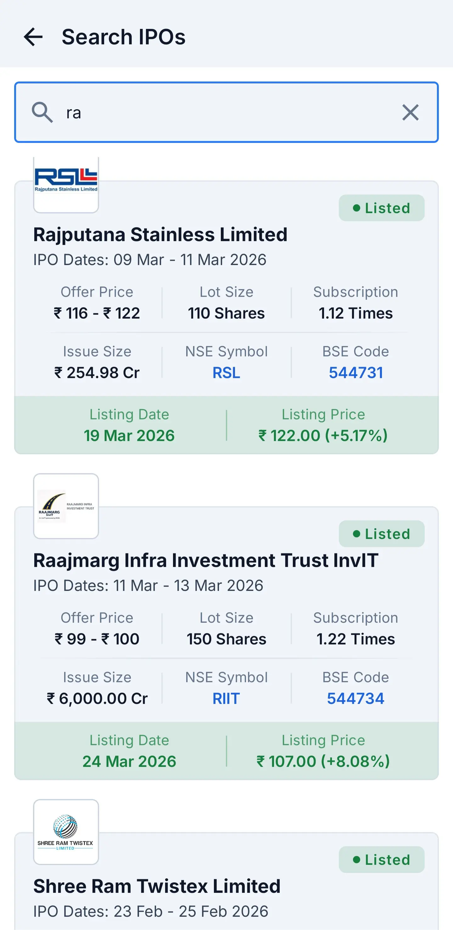 IPONex app: search Indian mainboard IPOs by name or symbol