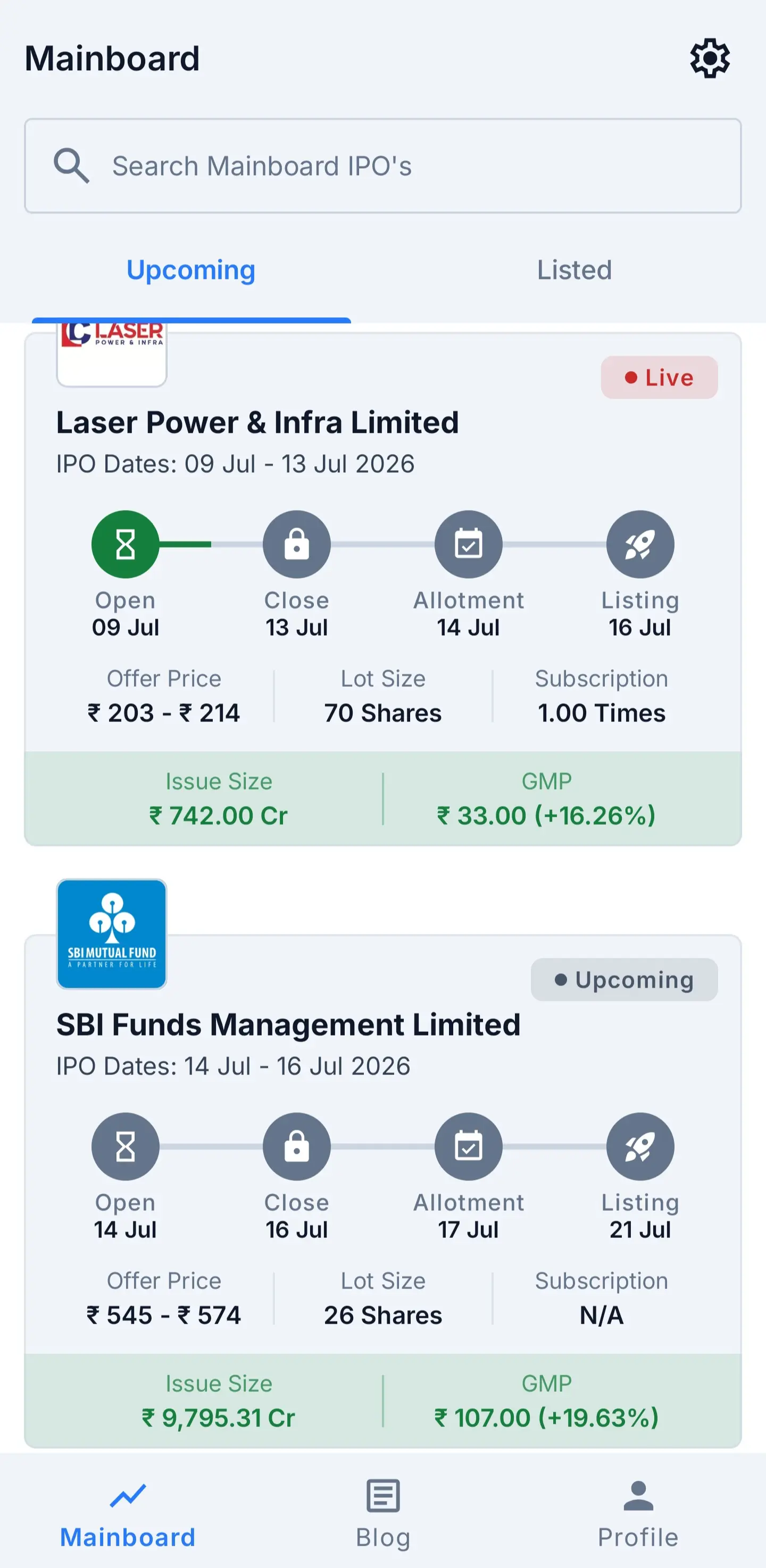 IPONex app: upcoming mainboard IPOs with dates and GMP